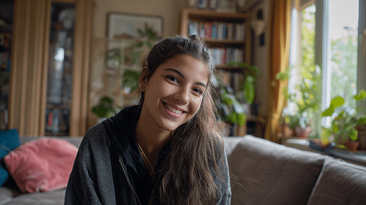 Jonge tiener in veilige begeleid-wonen omgeving die ontspannen en zelfverzekerd kijkt binnen Schakelthuis voor jeugdbegeleiding en ontwikkeling.