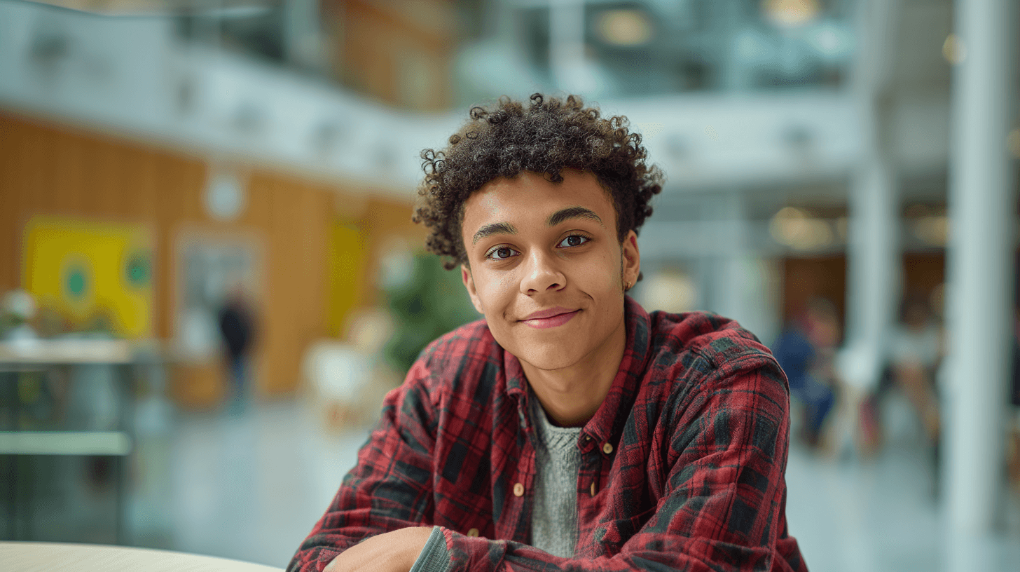 Jongere in een veilige begeleid-wonen omgeving die zelfverzekerd in de leefruimte van Schakelthuis zit voor jeugdbegeleiding en ontwikkeling.