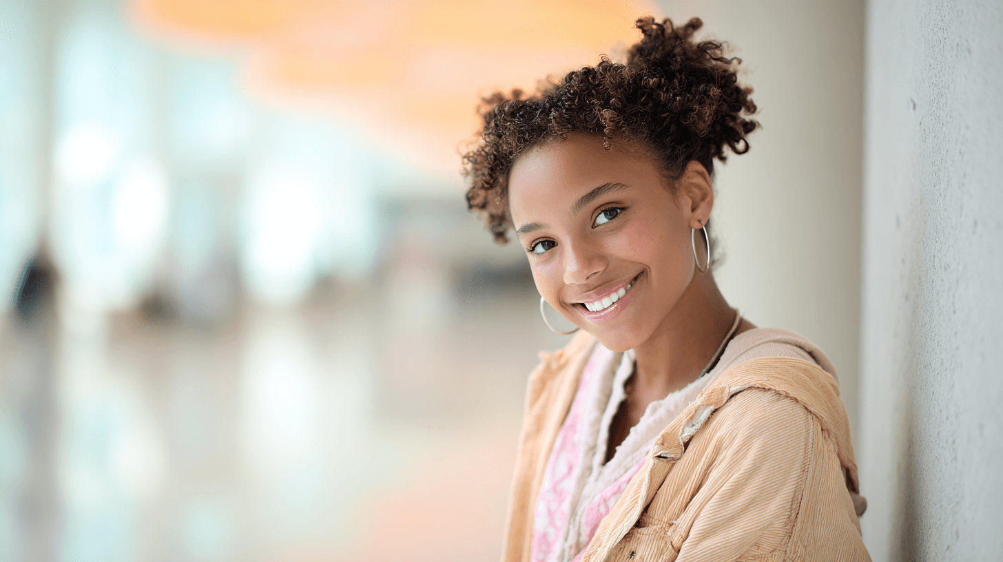 Jonge tiener in warme begeleid-wonen omgeving van Schakelthuis die vrolijk en zelfverzekerd lacht voor jeugdbegeleiding en ontwikkeling