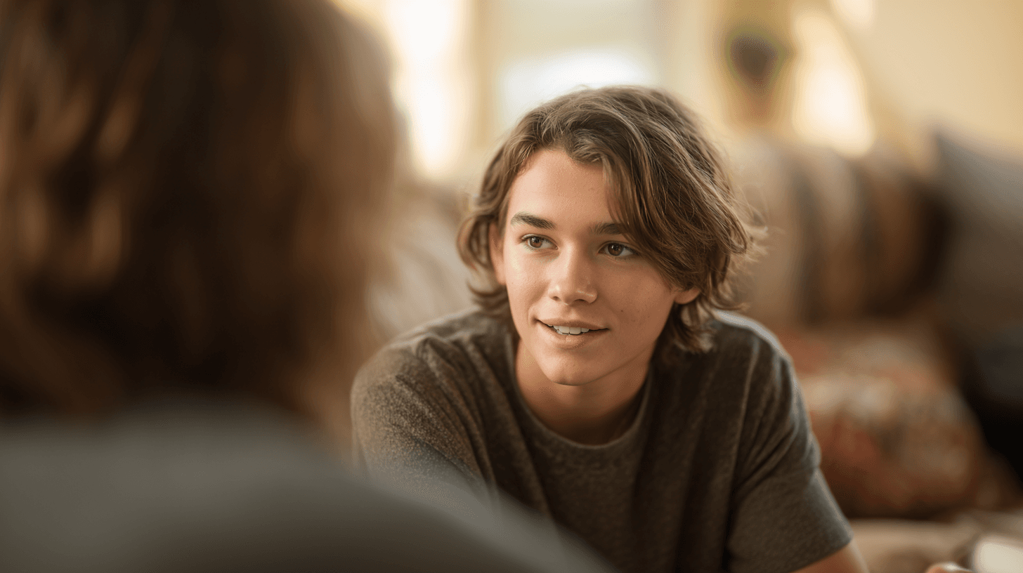 Jongere in warme begeleid-wonen omgeving van Schakelthuis die in een persoonlijk gesprek zit voor jeugdbegeleiding en ontwikkeling