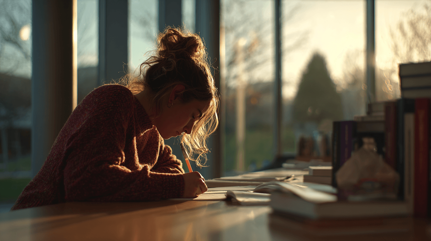 Jongere in rustige begeleid-wonen omgeving van Schakelthuis die geconcentreerd studeert voor persoonlijke ontwikkeling en zelfstandigheid